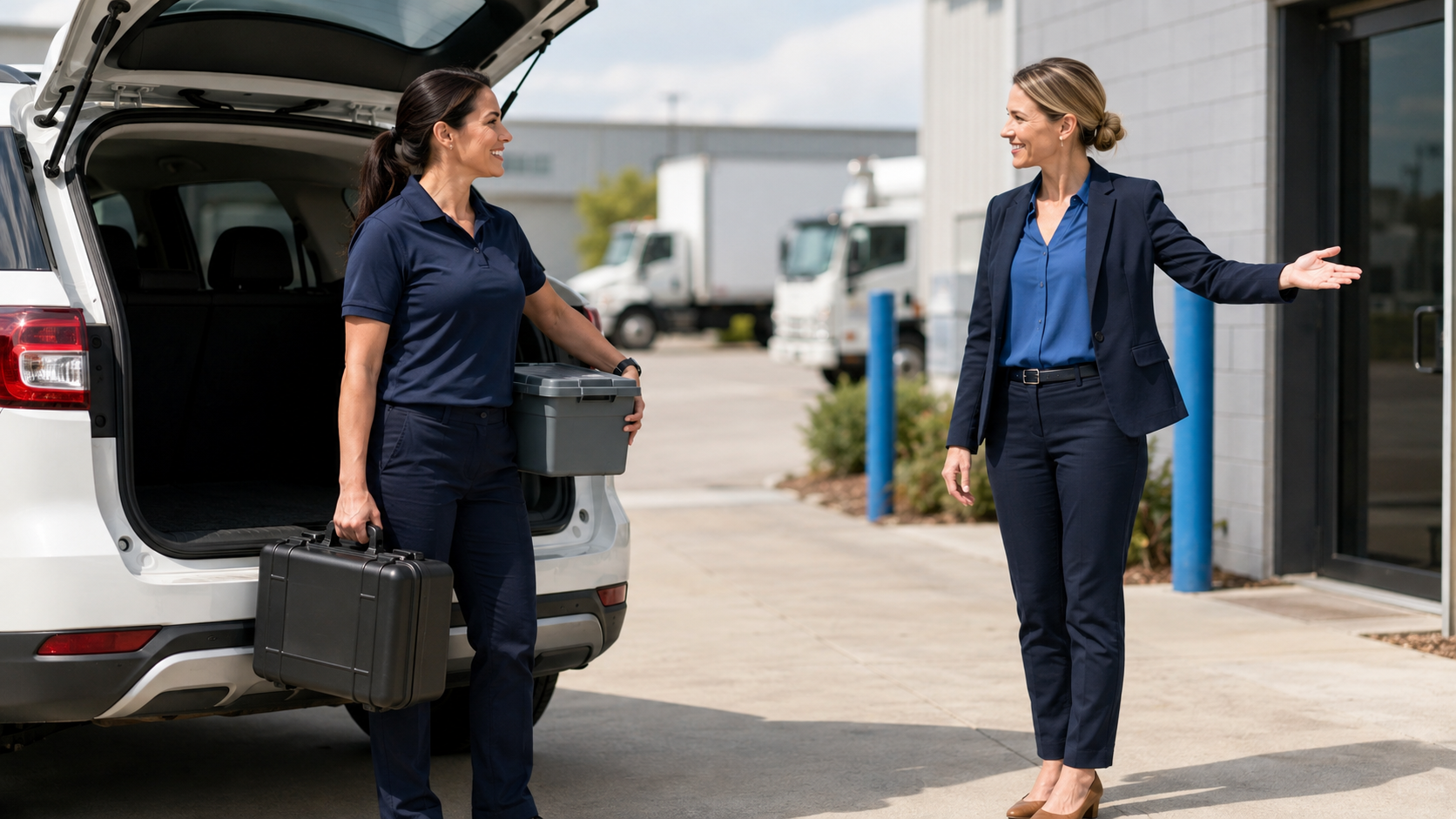 Mobile workplace testing professional arriving at a commercial worksite